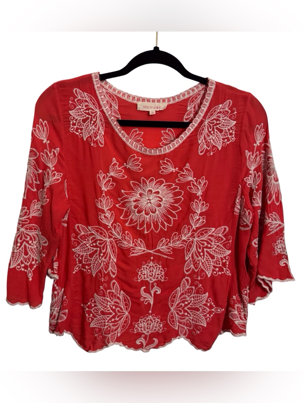 Solitaire Size Large Red Floral Embroidered Blouse Boho Western Top Rayon
